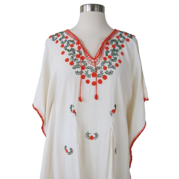 VINTAGE Women's Orange Floral Embroidered Maxi Dress Kaftan Ethnic MuuMuu