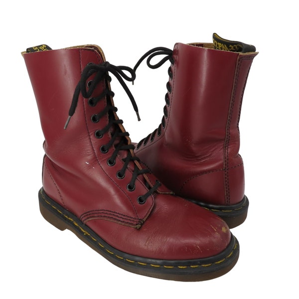 Vintage DR MARTENS Cherry Red Smooth Leather Mid-Calf Lace Up Boots 1490 England