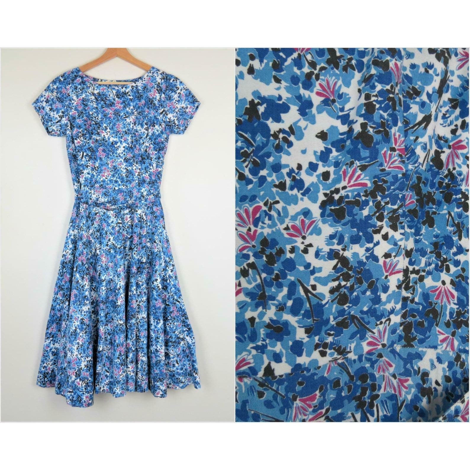 1950s blue flowers floral fit and flare dress medium size