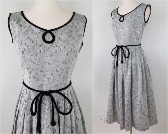Vintage 1950s Silver Brocade Evening Dress | Pleat