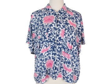 Vintage 80s 90s FORENZA Women's Loose Cropped Blue Pink Blouse Size S