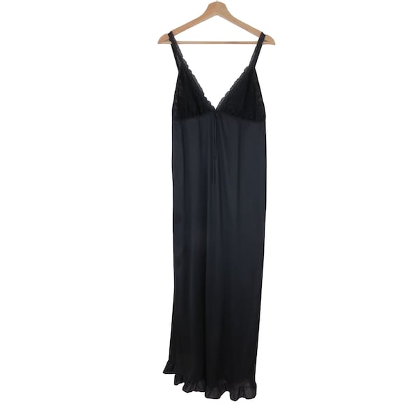 VINTAGE 70s Women's Black Lace Lowcut Long Nightgown M