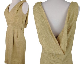 VINTAGE 60s Women's Gold Metallic Short Cocktail Dress Draped Low Back S