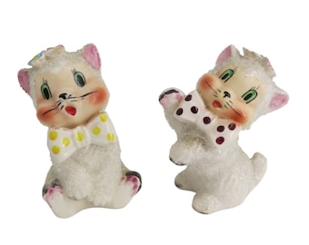 VINTAGE Kitschy Midcentury Cat Figurine Pair with Bowties Sugar Texture Big Eyes