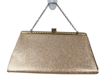 VINTAGE 60s 70s Women's Gold Metallic Evening Clutch Bag with Chain Strap