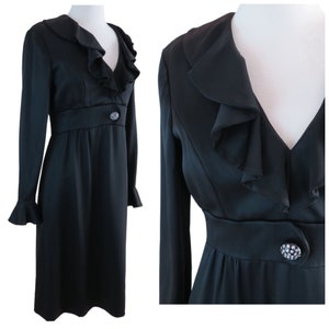 VINTAGE 60s 70s Women&#39;s Mod Black Satin Cocktail Dress w/ Ruffle Collar & Cuffs