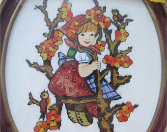 Vintage HUMMEL 70s Crewel Embroidery Kit by Gallery Crafts Girl in Apple Tree with Frame