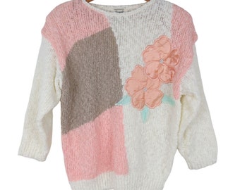 Vintage Pastel Floral Applique Sweater MARGULES 80s 90s Pink Tan Boucle Knit M
