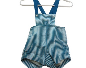 VINTAGE 50s 60s Baby's Blue & White Stripe Romper Bib Overalls Playsuit