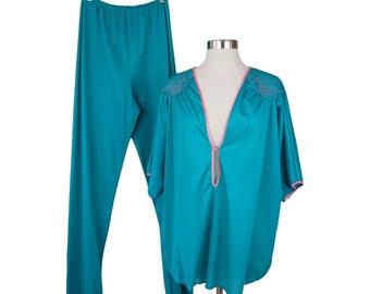 Vintage UNDERCOVER WEAR 80s Women's Teal Pink Two Piece Pajama Set L Pants Top