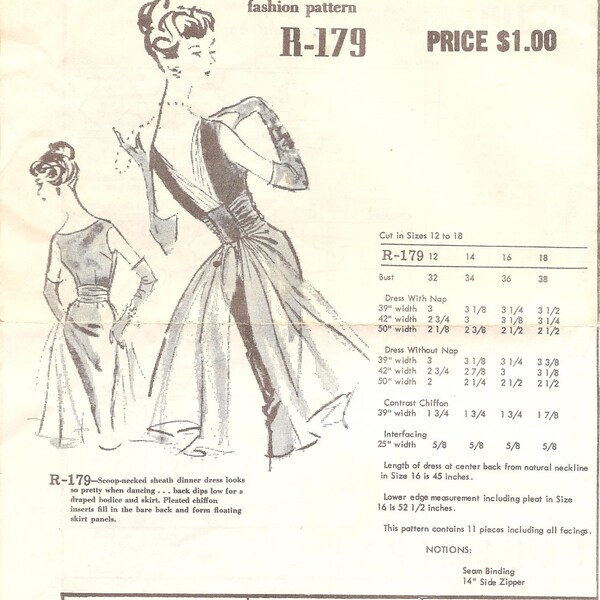1960s Open Back Cocktail Dress Pattern - Vintage Austine La Mar R-179 - Bust 36 with Chiffon Train
