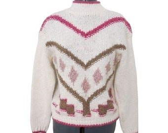 Vintage 1990s Cream Pink & Brown Heart Chunky Sweater Womens Bust 33