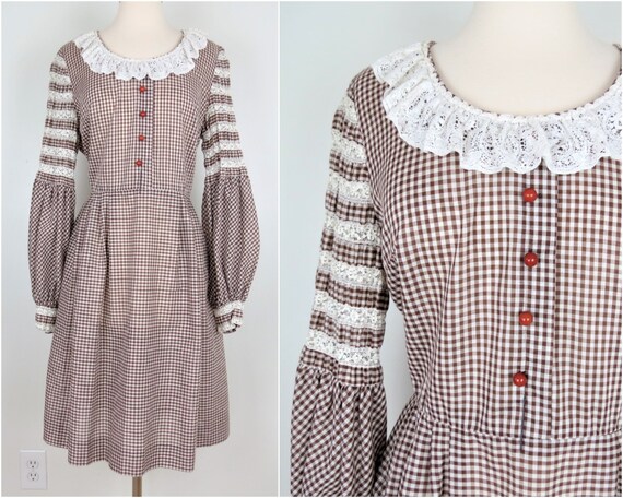 Vintage 1970s Brown Gingham Peasant Dress with Bis