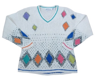 Vintage COLOURS Unisex White Diamonds V-Neck Pullover Sweater S Ramie Cotton