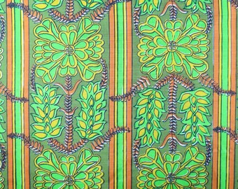 VINTAGE Green Orange and Yellow Floral Medallion Stripe Fabric 4 1/2 Yards