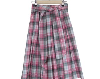 VINTAGE 1950s Women's Pink Gray Plaid Full Skirt with Cummerbund XS