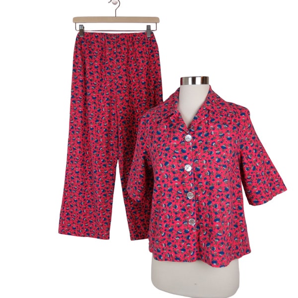 VINTAGE Women's Handmade Pink Blue Floral Flannel Pajama Set S-M PJs Sleepwear