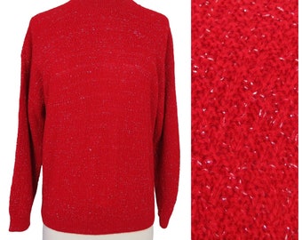 VINTAGE 1980s Red Silver Sparkle Pullover Sweater Parkway Knits Bust 38