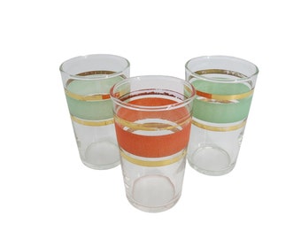 Vintage FEDERAL GLASS Set of 3 Midcentury Stripe Juice Glasses Orange Green Gold