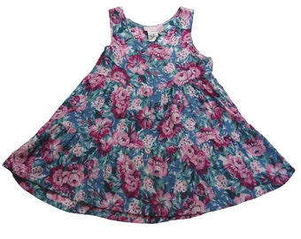 Vintage CLOZ'S 90s Girl's Pink Blue Rayon Floral Sleeveless Babydoll Dress S