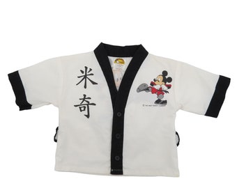 Vintage DISNEY Kid's Mickey Mouse Button Front Karate Jacket Top 24M Black White
