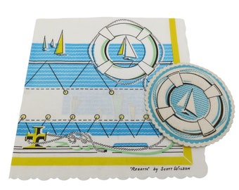 VINTAGE Blue Yellow Nautical Paper Coasters Napkins Set Regatta by Scott Wilson