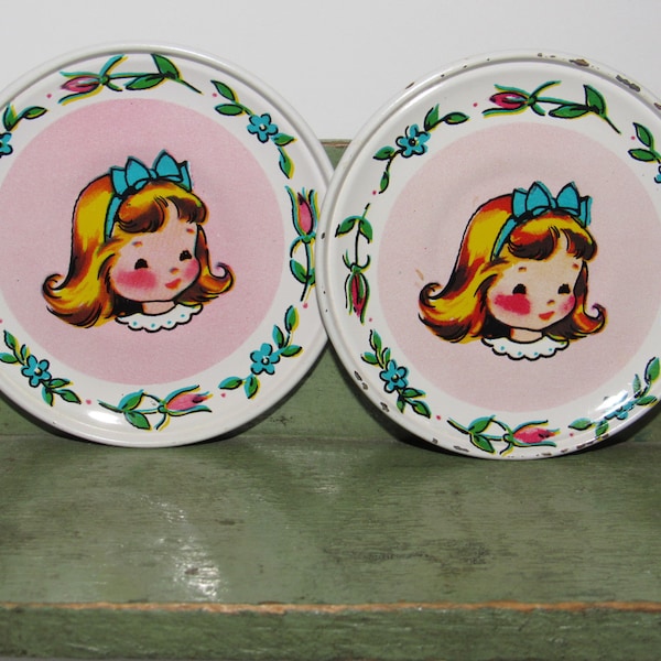 Two 1950's Chein Tin Toy Saucers " Little Girls And Bluebirds "