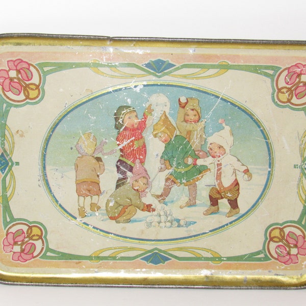 Antique Tin Toy Tea Set Tray With Snowman And Children