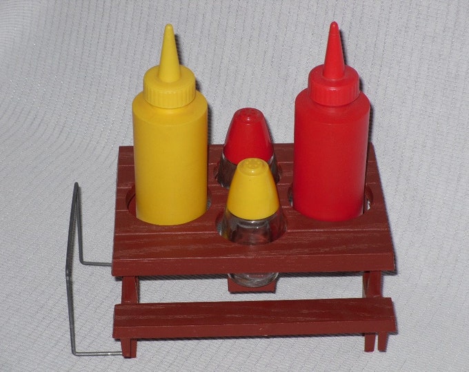 Vintage Plastic Redwood Picnic Table Holder for Ketchup Mustard Salt
