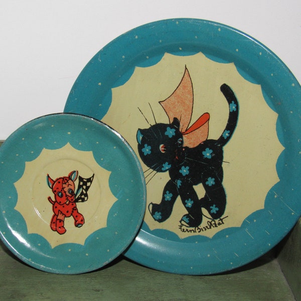 1930's Ohio Art Fern Bisel Peat Gingham Dog And Calico Cat Tin Toy Plate And Saucer