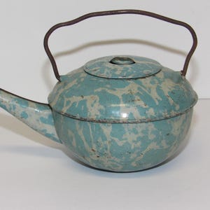 1930's Ohio Art Blue "Granite Ware" Tin Toy Tea Pot Tea Kettle