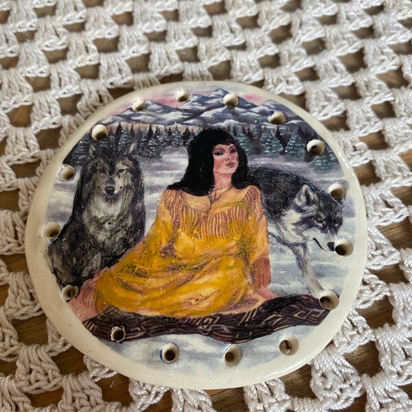 Native American  Indian Maiden & Wolves Pine Needle Base  3'' #110 some paint