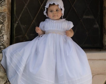 The Rosalia Heirloom Christening White Dress - Hand Smocked Baptism Gown with matching Bonnet (12-18 Months)