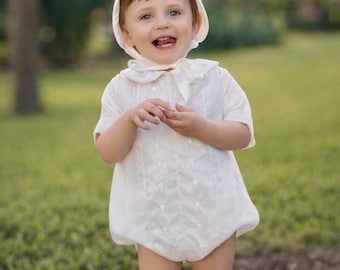 The Gabriel Heirloom Christening Set – Traditional Ivory Baby Boy Baptism Bubble Romper with Bonnet.