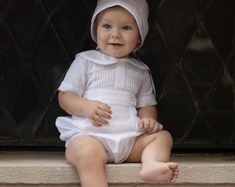 White Christening Outfit – Baby Boy Baptism Romper with Bonnet