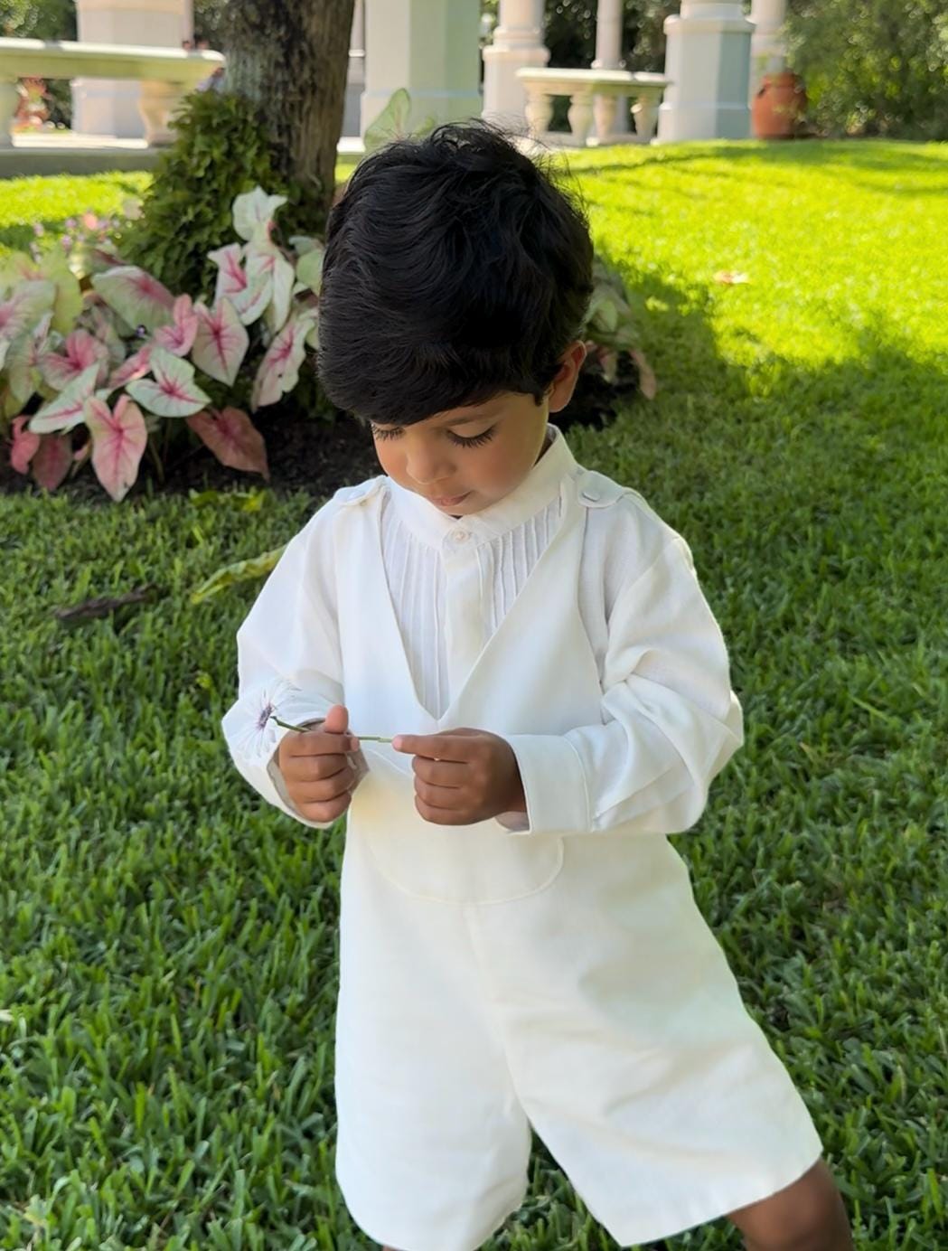 Classic Ivory Boy Baptism Outfit – Romper with Long Sleeve Pintuck Shirt