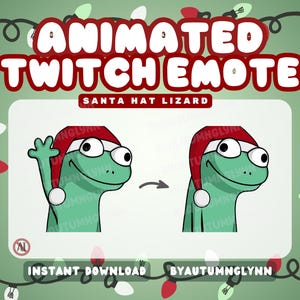 以下が含まれることがあります： サンタ帽とメガネをかけた緑色のトカゲのアニメーションTwitch絵文字。画像には、手を振っているポーズと前を見ているポーズの2つのトカゲのポーズが示されています。背景は緑色で、クリスマスライトと「Animated Twitch Emote」というテキストがあります。