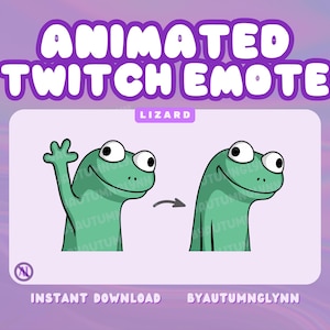 May include: Animated Twitch Emote featuring a green lizard in two poses: waving and smiling. The text "ANIMATED TWITCH EMOTE" is in a purple bubble font. Additional text includes "LIZARD", "INSTANT DOWNLOAD", and "BYAUTUMNGLYNN".