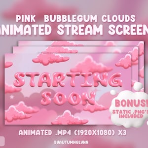 Pink BubbleGum Clouds Stream Scene Pack – Animated Starting Soon, BRB & Ending Screens – LoFi Pastel Twitch Overlay for VTubers, Cozy Gamers