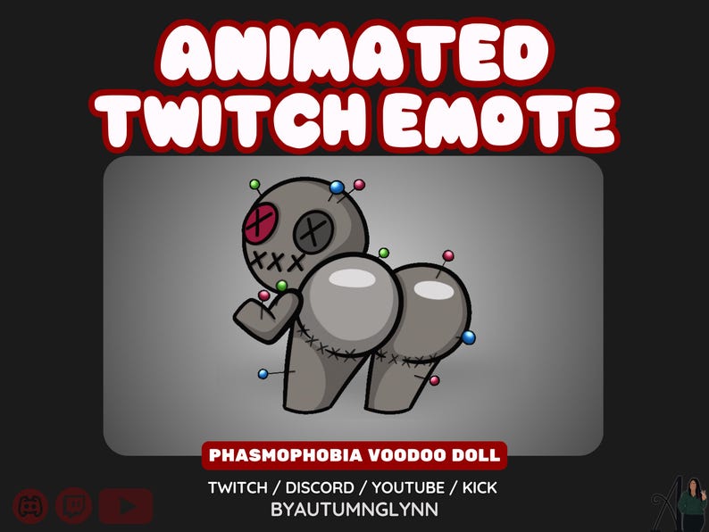 K&ouml;nnte beinhalten: Animierter Twitch-Emote mit einer grauen Voodoo-Puppe mit gen&auml;hten Details und Nadeln. Der Text "ANIMATED TWITCH EMOTE" steht oben und "PHASMOPHOBIA VOODOO DOLL" unten. F&uuml;r Twitch, Discord, YouTube und Kick.