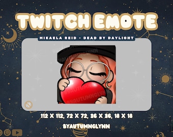 Op de afbeelding: Een Twitch-emote met een stripfiguur met rood haar, een bril en een zwarte hoed, die een rood hart vasthoudt. De tekst "TWITCH EMOTE" en "MIKAELA REID - DEAD BY DAYLIGHT" worden weergegeven. De afbeelding bevat verschillende afmetingen.