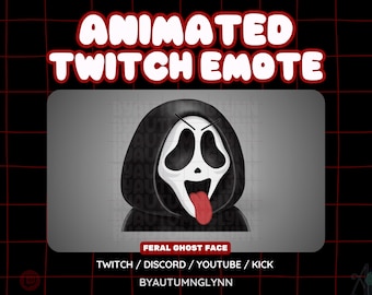 May include: Animated Twitch Emote featuring a black and white Ghost Face with a red tongue sticking out. The text "FERAL GHOST FACE" is below the image, along with "TWITCH / DISCORD / YOUTUBE / KICK" and "BYAUTUMNGLYNN".