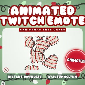 Könnte beinhalten: Animierter Twitch-Emote mit Weihnachtskuchen in Form von Weihnachtsbäumen. Das Bild hat einen grünen Hintergrund mit Lichterketten und dem Text "Animated Twitch Emote" in Rot und Weiß. Die Kuchen sind hellbraun mit roten Streifen und grünen Streuseln.