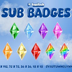 May include: A digital graphic featuring Twitch sub badges in various colors, including green, blue, purple, pink, orange, yellow, red, and rainbow. The text "SUB BADGES" is displayed above the badges, with the Twitch logo. The image is set against a blue sky background.