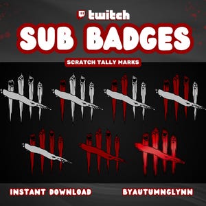 Può includere: Badge di abbonamento Twitch digitali con segni di spunta graffiati in rosso e bianco. L'immagine include il testo "SUB BADGES" e "SCRATCH TALLY MARKS". Il design è ambientato su uno sfondo scuro con effetto sfocato.