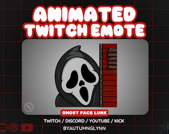 Op de afbeelding: Geanimeerde Twitch Emote met een Ghost Face-personage dat achter een rode en bruine houten muur vandaan gluurt. De emote staat op een grijze achtergrond met de tekst "ANIMATED TWITCH EMOTE" in een rood en wit bubbellettertype. De tekst "GHOST FACE LURK" is ook opgenomen.