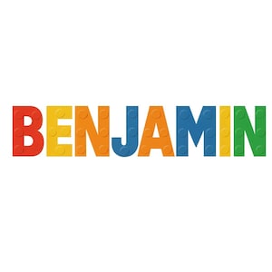 Puede incluir: El nombre "BENJAMIN" está escrito en letras coloridas, estilo bloque. Cada letra es de un color diferente: rojo, amarillo, naranja, azul y verde. Las letras tienen una apariencia texturizada, que se asemeja a bloques de construcción.