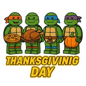 Könnte beinhalten: Cartoon-Illustration mit vier grünen Schildkrötenfiguren, jede mit einer andersfarbigen Maske. Einer hält eine Pizza, ein anderer einen Truthahn, ein dritter hat kein Essen und der letzte hält einen Kürbis. Der Text "THANKSGIVING DAY" steht darunter.