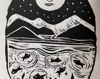 Impresión en bloque de linóleo "Salida de la luna en negro"