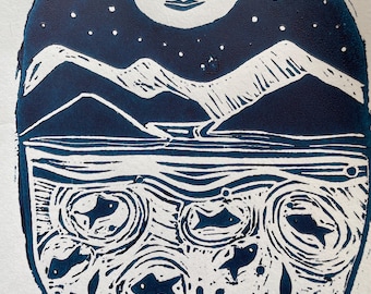 Impresión en bloque de linóleo "Salida de la luna en azul"